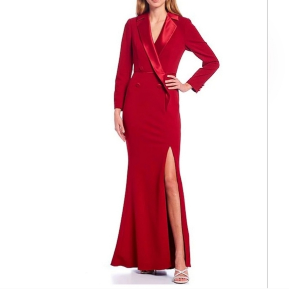 Adrianna Papell Red Crepe Tuxedo Gown - Picture 2 of 14